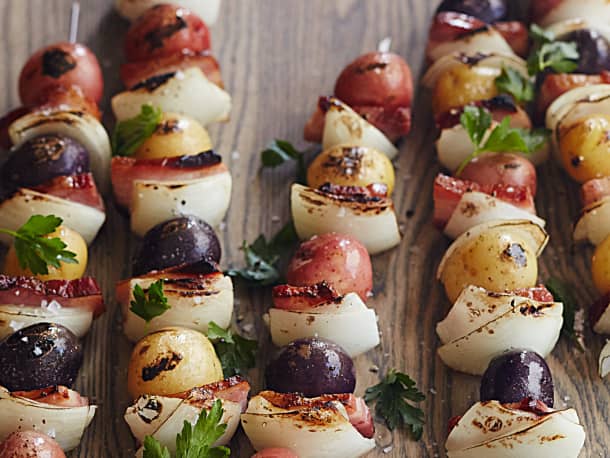 Grilled Potato, Onion, and Bacon Skewers