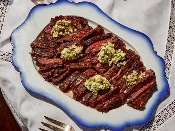 Alexis deBoschnek’s Skirt Steak with Scallion Butter and Slaw