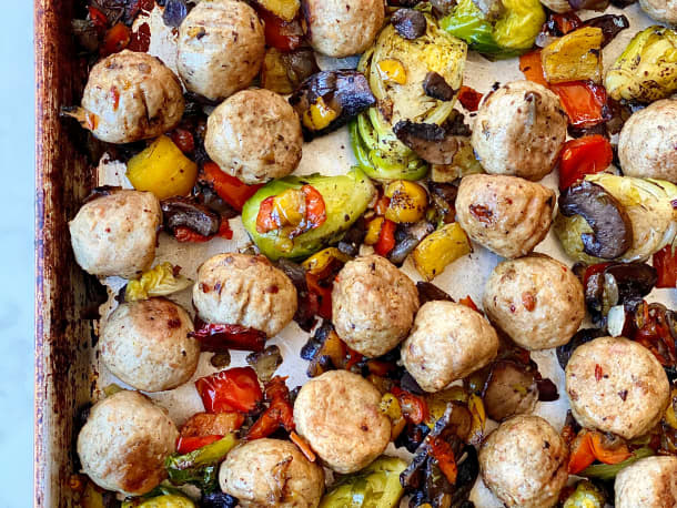 2-Ingredient Costco Sheet Pan Meatballs with Fire-Roasted Veggies