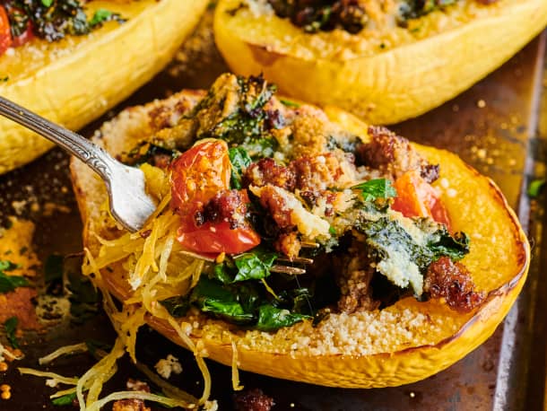 Sausage and Kale Stuffed Spaghetti Squash