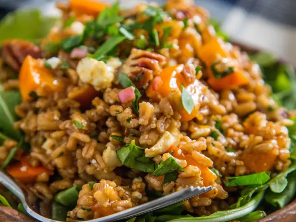 Warm Farro Salad with Roasted Squash, Persimmons & Pecans