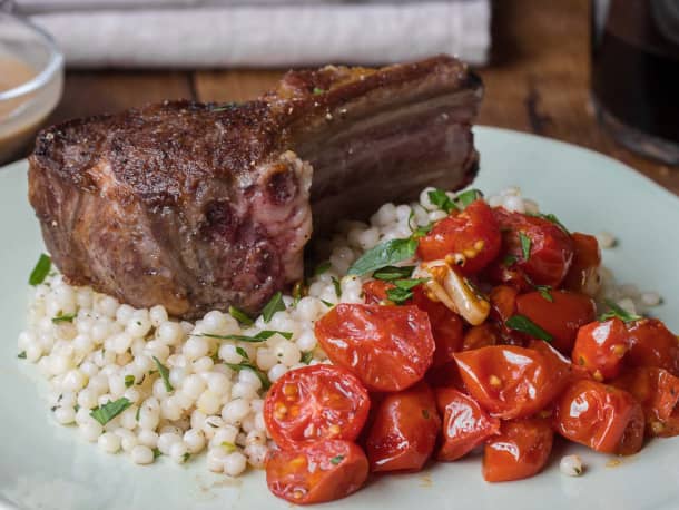 Lamb Chops with Mustard Shallot Sauce, Roasted Tomatoes & Pearl Couscous