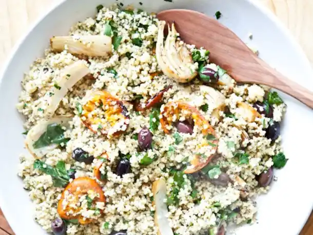 Warm Citrusy Millet Salad with Roasted Fennel and Kalamata Olives