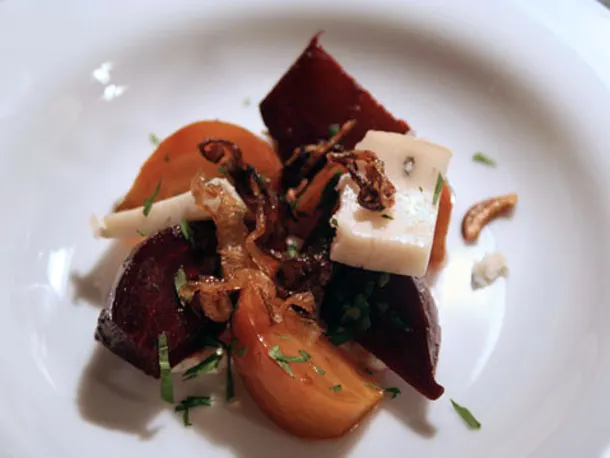 Beet Salad with Horseradish Cream and Frizzled Sweet Onions