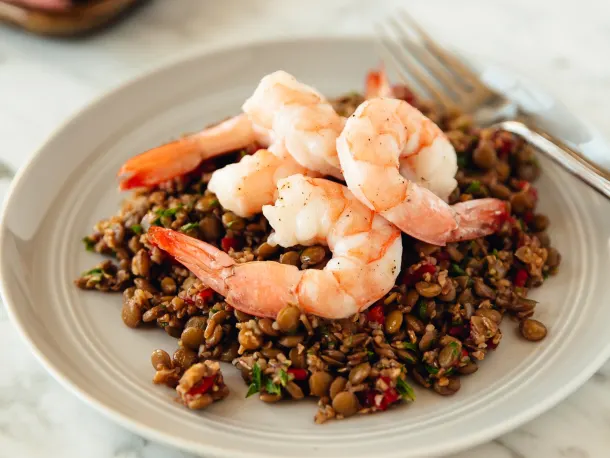 Warm Bulgur and Lentil Salad with Roasted Shrimp