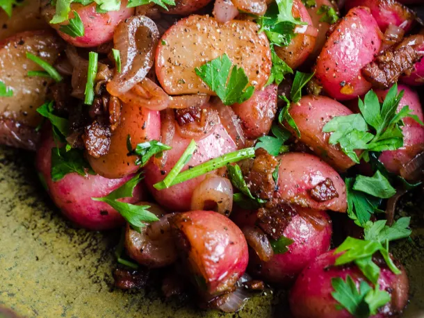 Braised Radishes with Shallots & Bacon