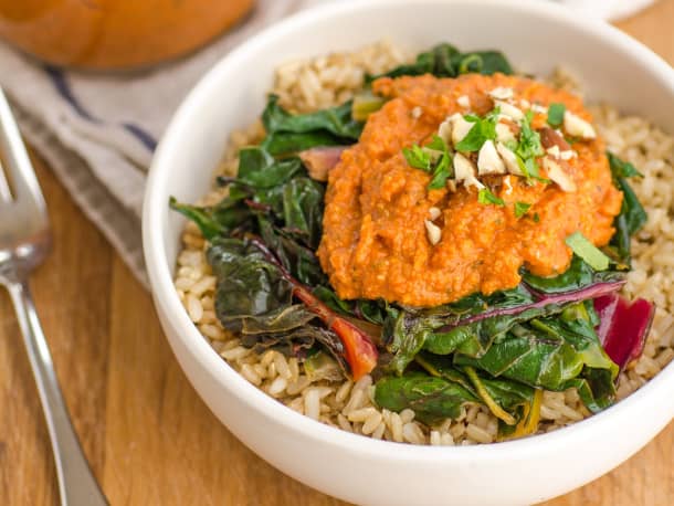 Brown Rice Bowl with Chard & Nutty Tomato Romesco Sauce