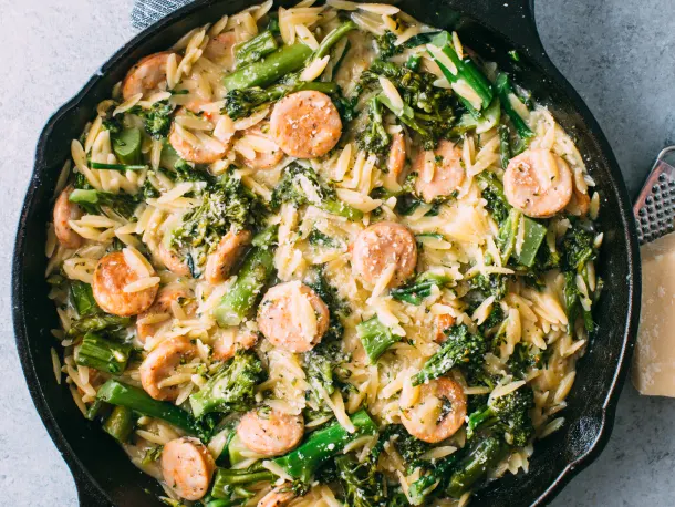 Broccolini, Chicken Sausage, and Orzo Skillet