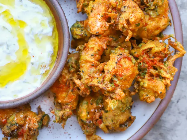 Lemony Shrimp Pakora with Cucumber Raita