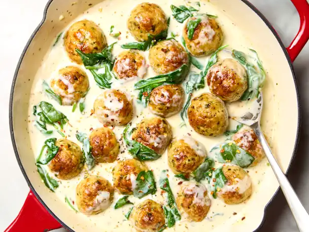 Parmesan Chicken Meatballs with Creamy Spinach