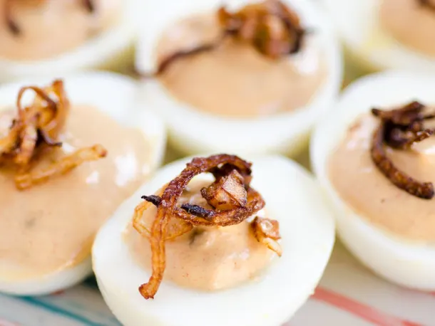 Smoky Deviled Eggs with Greek Yogurt & Frizzled Shallots