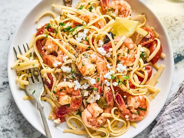 Olive & Mango’s Greek Shrimp Scampi Pasta
