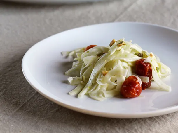 Shaved Fennel, Roasted Tomato & Pistachio Salad with Yogurt Dressing