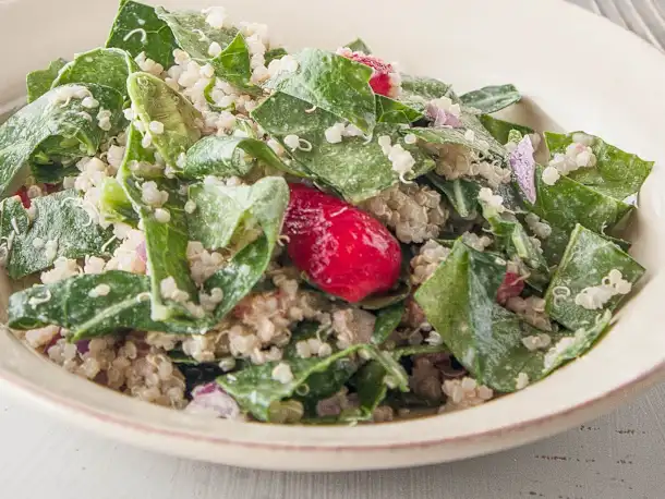 Collard Green Salad with Strawberries & Tahini Dressing