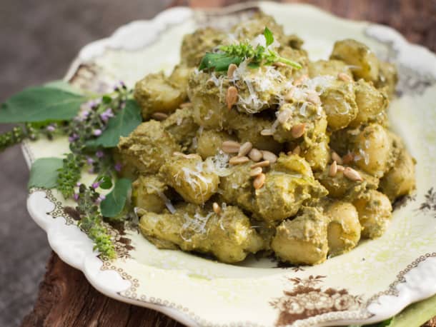 Creamy Green Garlic & Avocado Pesto Over Gnocchi