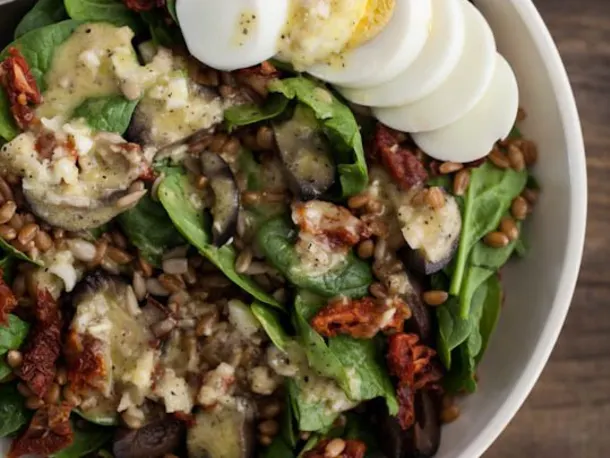 Egg, Spinach, and Spelt Salad with Green Garlic Dressing