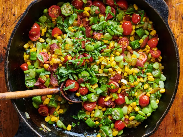 Vibrant Pan of Succotash with Fresh or Frozen Veggies